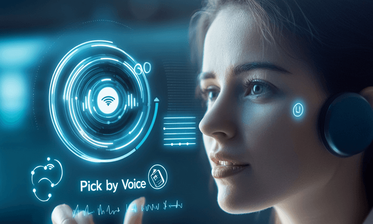 Futuristisch anmutende Frau mit Headset, und dem Schriftzug Pick by Voice