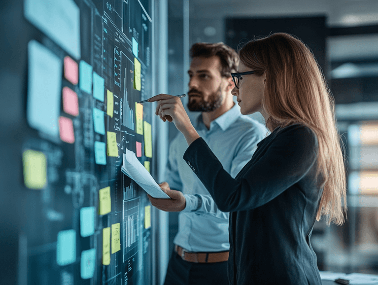 Zwei Projektmanager stehen vor einem Board, das die Projektschritte darstellt